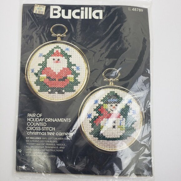 2 Bucilla Counted Cross Stitch Ornaments Kits Vintage 48788 48789 Santa Snowman - Picture 2 of 12